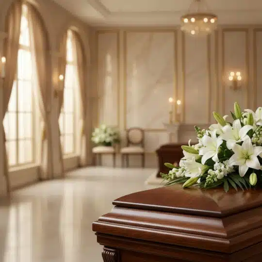 Cubre caja fúnebre 'Legado de José' con rosas blancas y lirios, delicadamente dispuesto sobre un ataúd de madera en una sala