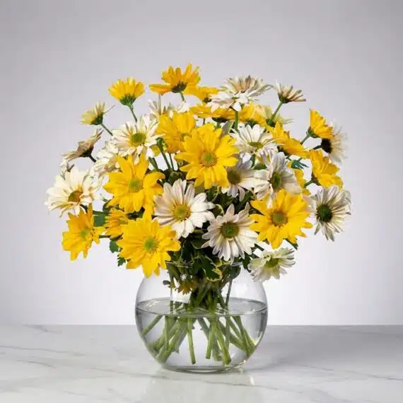 Diseño Floral Agatha: Frescas Flores de Primavera para Enviar Hoy Arreglo floral Agatha con margaritas amarillas y blancas en un jarrón de cristal, ideal para regalar y decorar.