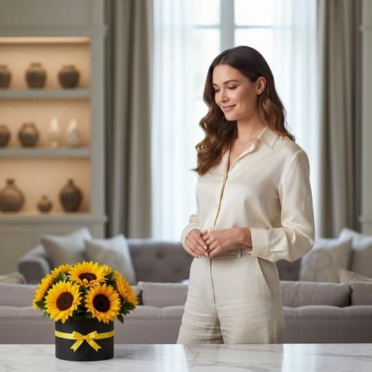 Mujer elegante admirando un arreglo de girasoles MARISA en una caja negra con lazo amarillo, en un lujoso salón con luz natur