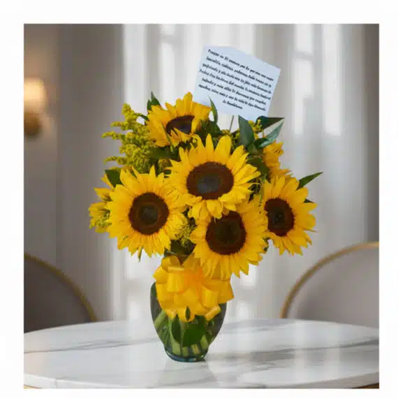 Jarrón con 12 Girasoles: Elegancia y Frescura para tu Hogar Jarrón de cristal con doce girasoles vibrantes y follaje verde, atado con un lazo amarillo, sobre una mesa de mármol en un en