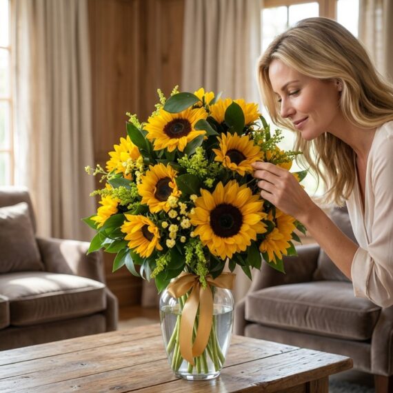 Mujer rubia de mediana edad admirando un jarrón de cristal con 12 girasoles frescos y un lazo dorado, en un salón luminoso de