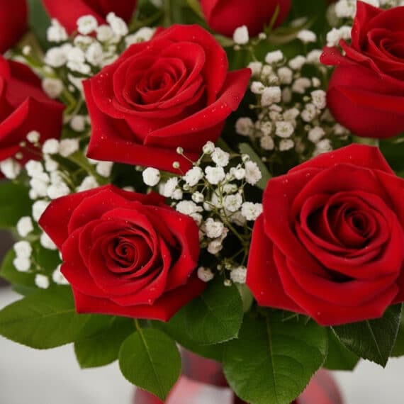 Primer plano extremo de un arreglo floral 'Jarrón Amor Incondicional' con rosas rojas vibrantes, hojas verdes y pequeñas flor