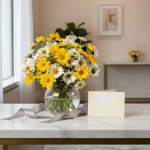 Jarron Floral Agatha con margaritas amarillas y blancas, tarjeta de regalo y cinta satinada en mesa de marmol.