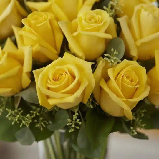 Primer plano extremo de un arreglo floral Jarron Floral PANDORA con 36 rosas amarillas, mostrando textura hiperrealista, gota