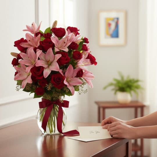 Manos delicadas colocando una tarjeta junto a un Jarron Floral Nabila con 24 rosas rojas y lirios rosados en un entorno de ho
