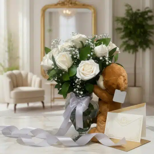 Jarrón Llévame Contigo con un hermoso arreglo de rosas blancas frescas y follaje, acompañado de un osito de peluche abrazando