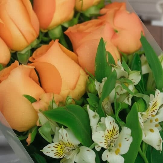 Primer plano extremo de un arreglo floral con rosas salmón y alstroemerias blancas, mostrando texturas hiperrealistas y gotas