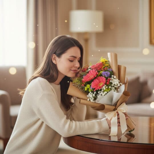 Mujer joven de cabello castaño, vestida con un suéter crema, inclinándose para oler un hermoso ramo de gerberas amarillas y f