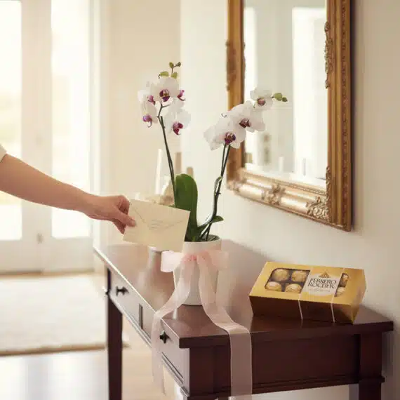 Arreglo floral Orquídea ESTRELLA de doble vara con flores blancas y centro morado, lazo rosa, caja de chocolates Ferrero Roch