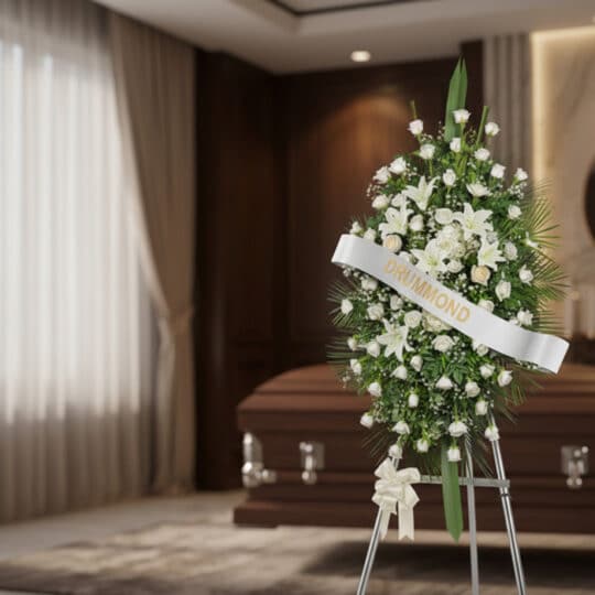 Pedestal floral conmemorativo Legado de Marcos, con rosas blancas, lirios y follaje, banda personalizada 'DRUMMOND', en sala