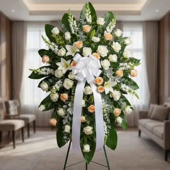 Pedestal Fúnebre Descansa Ahora: Arreglo Floral Elegante para Velatorio Pedestal fúnebre 'Descansa Ahora' con rosas blancas y durazno, lirios y gladiolos, en una sala de velación premium con luz na