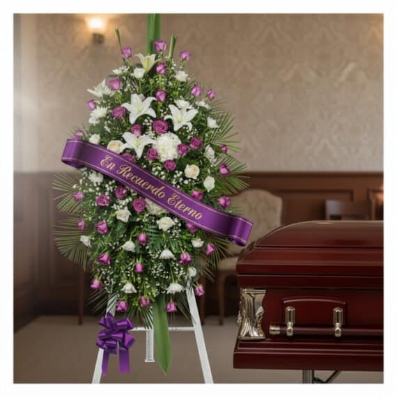 Pedestal fúnebre Esteban con rosas moradas y blancas, lirios, y cinta 'En Recuerdo Eterno' junto a un ataúd en sala de velaci