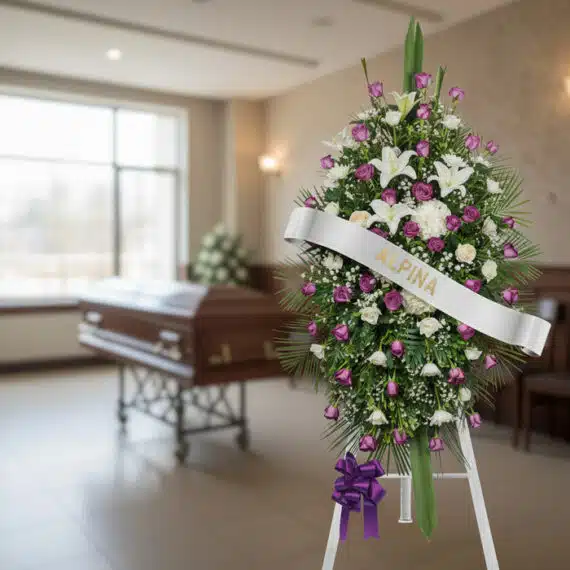 Pedestal fúnebre Esteban con rosas moradas y blancas, lirios y follaje, en una sala de velación moderna con ataúd desenfocado