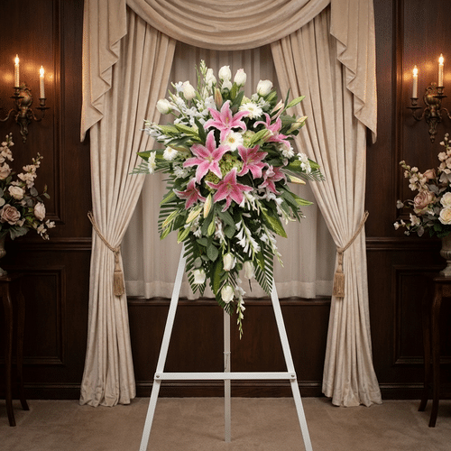 Pedestal Fúnebre "Legado Eterno" para Marcelo: Elegancia y Respeto Impresionante pedestal fúnebre "Legado Eterno" con lirios rosados, rosas blancas y follaje exuberante, exhibido en una elegan