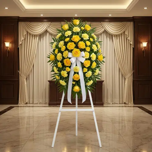 Pedestal Fúnebre Legado Sereno: Elegancia y Respeto en Homenaje Pedestal fúnebre Legado Sereno con rosas y claveles amarillos, lazo blanco, en sala de velación elegante con cortinas y luz c