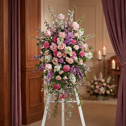 Pedestal funerario 'Luz de Elisa' con rosas, claveles y lirios en tonos pastel, realzado en una sala de velación con iluminac