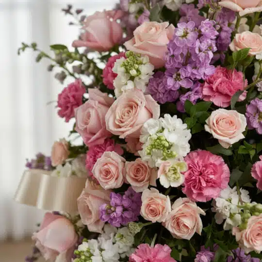 Macro de arreglo floral funerario 'Luz de Elisa' con rosas, lirios y claveles en tonos pastel, rocío sutil y cinta satinada.