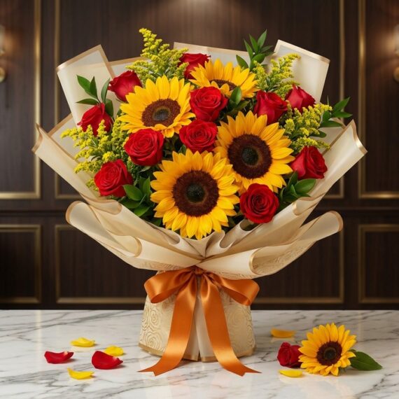 Ramillete o Bouquet Primavera: Girasoles y Rosas Rojas Vibrantes Ramillete o Bouquet Primavera con girasoles grandes y rosas rojas abiertas, envuelto en papel coreano elegante, sobre mármol.