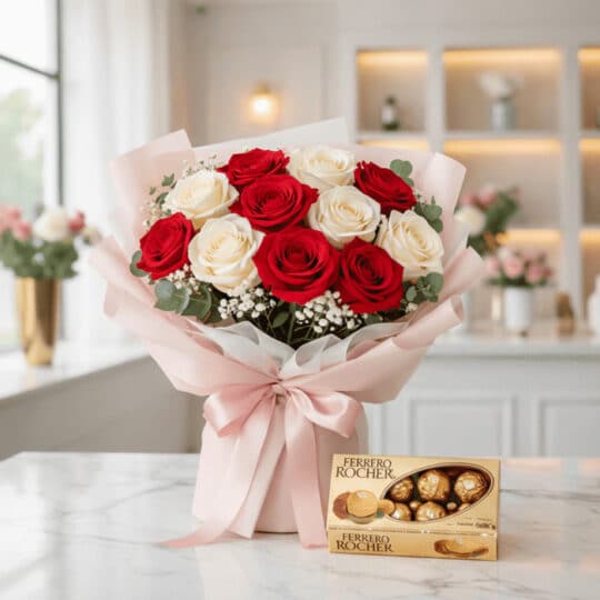Ramillete Dulce Despertar con 12 rosas rojas y blancas, empaque coreano rosa, eucalipto y gypsophila, junto a una caja de Fer