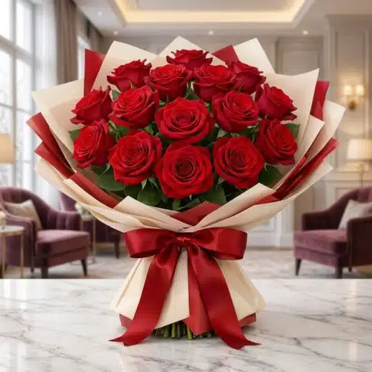 Ramillete de 12 rosas rojas grandes y abiertas con empaque coreano color crema y rojo, lazo de satén, sobre mármol.