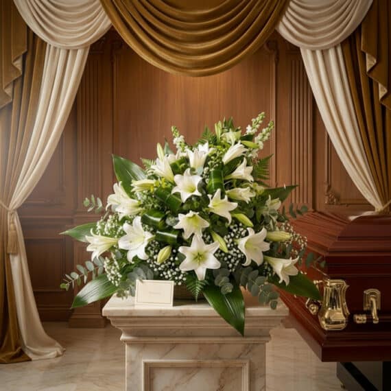 Impresionante ramo fúnebre Abdiel con lirios blancos y follaje verde, presentado en una sala de velación premium junto a un a