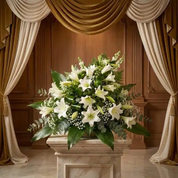 Ramo Fúnebre Abdiel: Lirios Blancos para un Adiós Respetuoso Ramo fúnebre Abdiel con lirios blancos y follaje verde, presentado elegantemente en una sala de velación con cortinas doradas