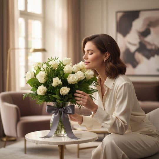 Mujer elegante oliendo un ramo de 18 rosas blancas Serena en un jarrón con moño gris, en un hogar de lujo.