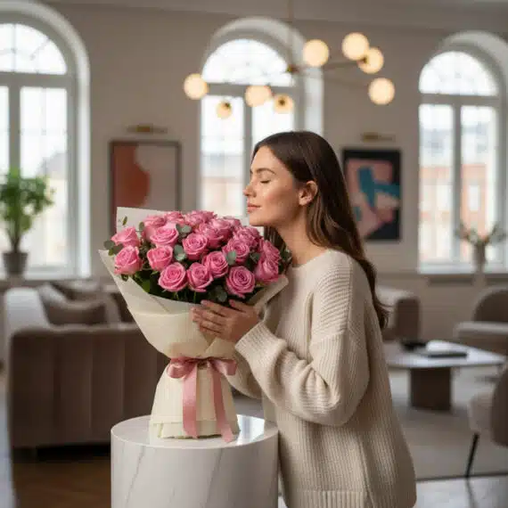 Mujer joven y elegante con suéter beige admira y huele un ramo grande de 44 rosas rosadas Viviana, envuelto en papel crema co