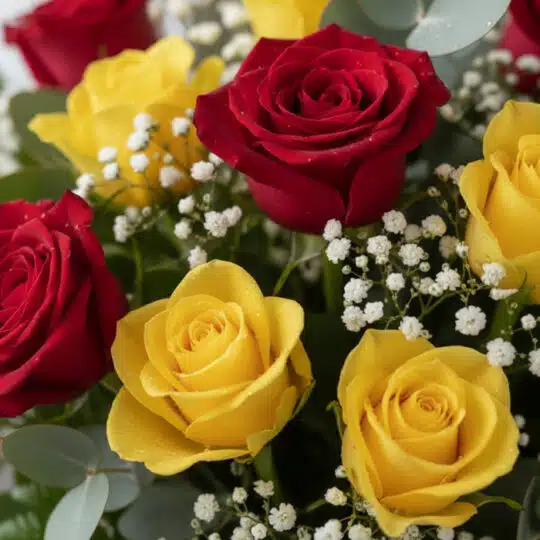 Primer plano extremo de rosas rojas y amarillas con gotas de rocío, hojas de eucalipto y flores de gypsophila, resaltando su