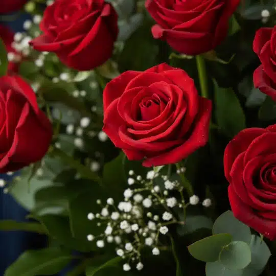 Primer plano extremo de rosas rojas frescas con gotas de rocío, hojas verdes y pequeñas flores blancas, destacando la textura