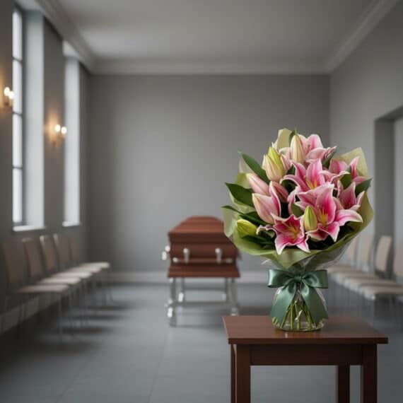 Solemne Bouquet Fúnebre de Homenaje Eli con lirios rosas vibrantes, presentado en una sala de velación moderna con un ataúd d